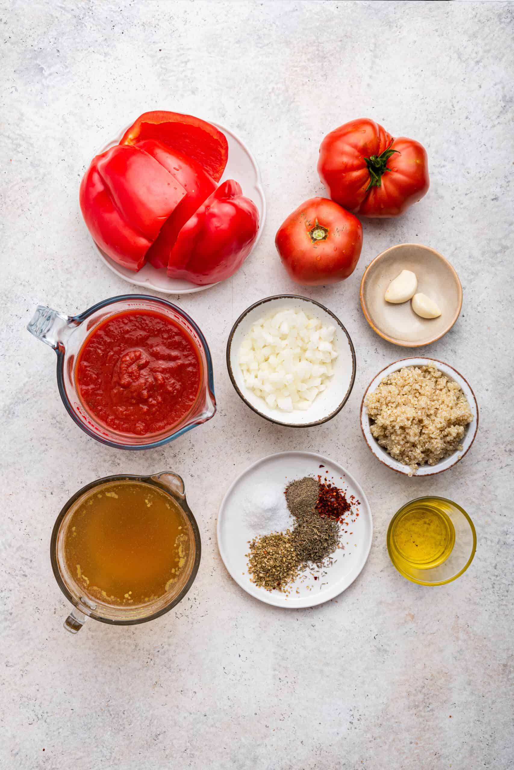 Overhead view of ingredients for roasted red pepper soup