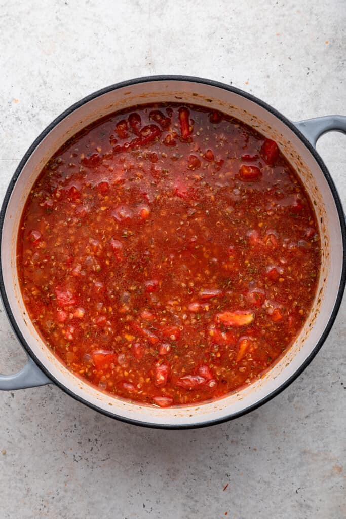 Pot of roasted red pepper soup before blending