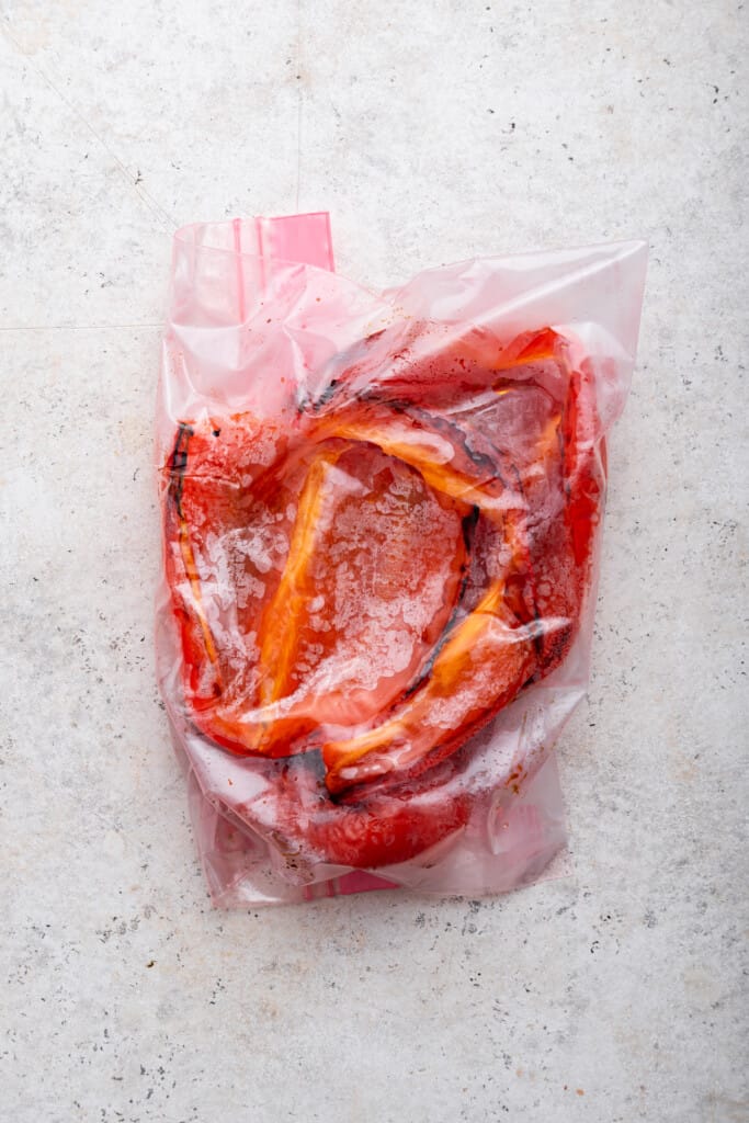 Roasted red peppers in plastic bag