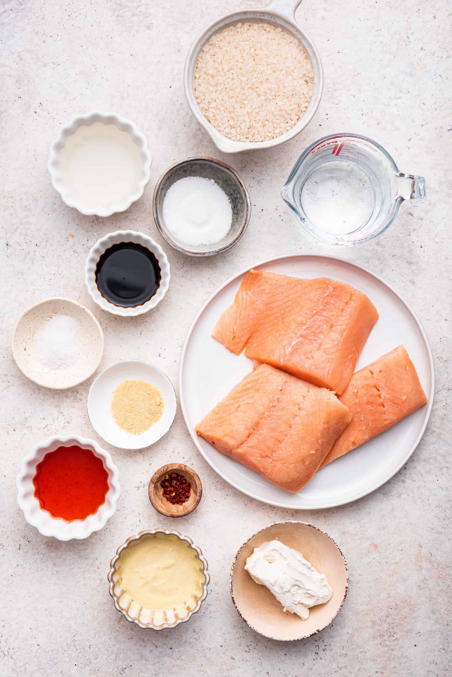 Overhead view of ingredients for salmon sushi bake