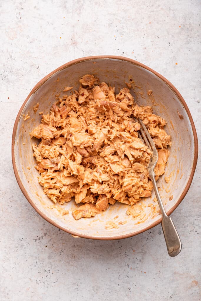 Overhead view of salmon mixture in bowl with fork