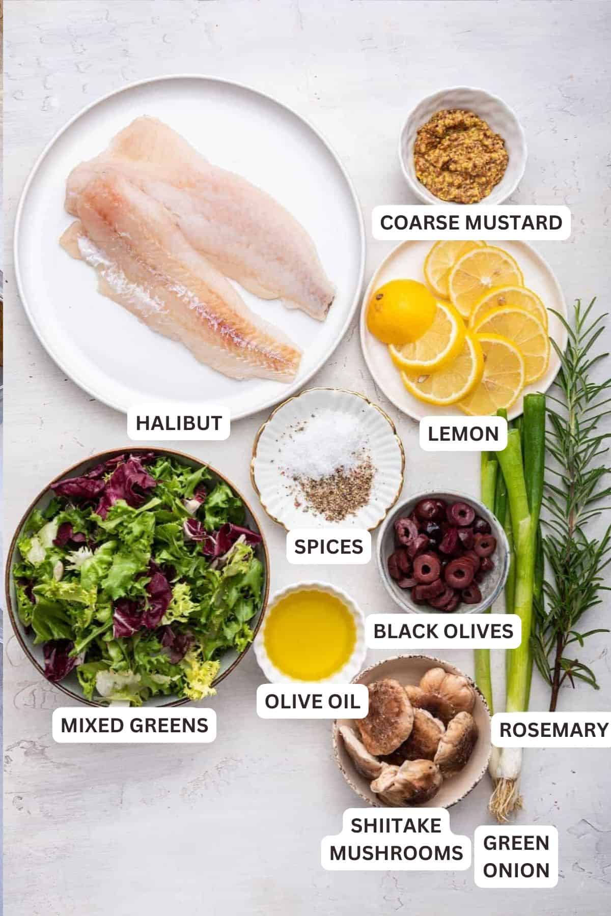 This easy baked halibut will leave you feeling happy and satisfied! Grainy mustard, fresh rosemary, lemon, and olives add big, bold flavors. Ingredients for Baked Halibut.