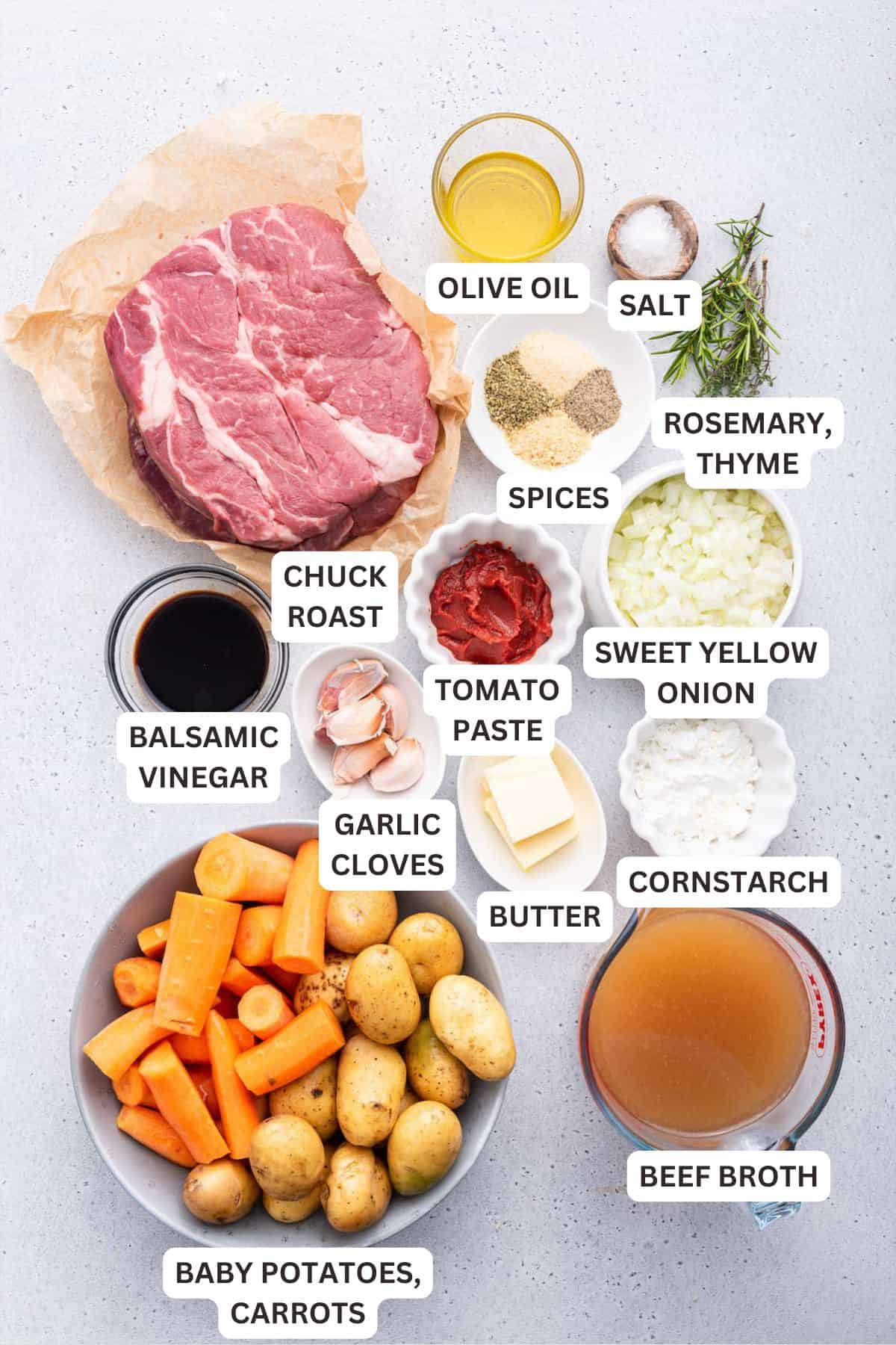 Instant Pot chuck roast is fall apart tender, perfectly seasoned, and paired with baby potatoes and carrots for a meal that’s sure to satisfy! Ingredients for Instant Pot Chuck Roast.
