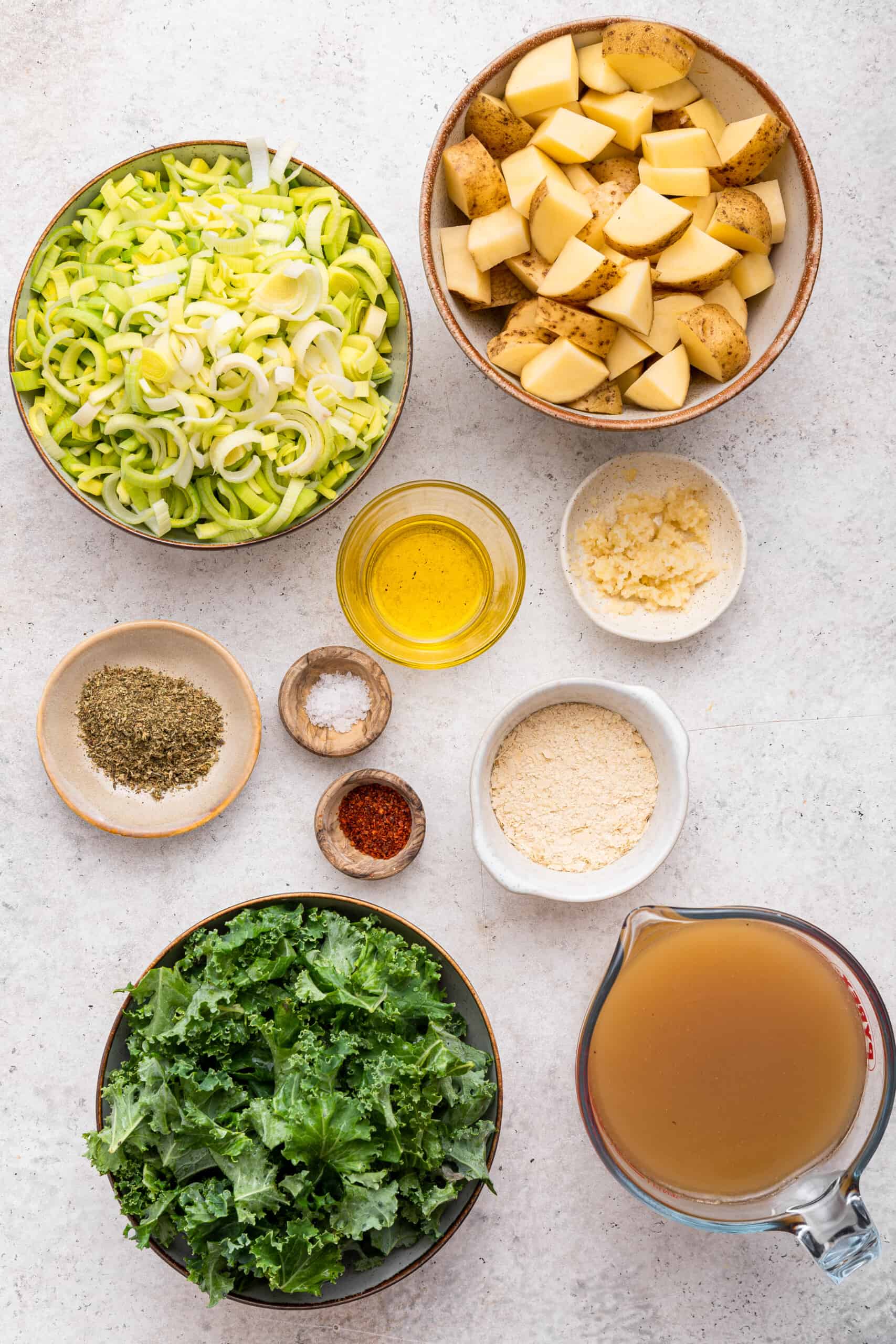 Overhead view of ingredients for vegan potato soup
