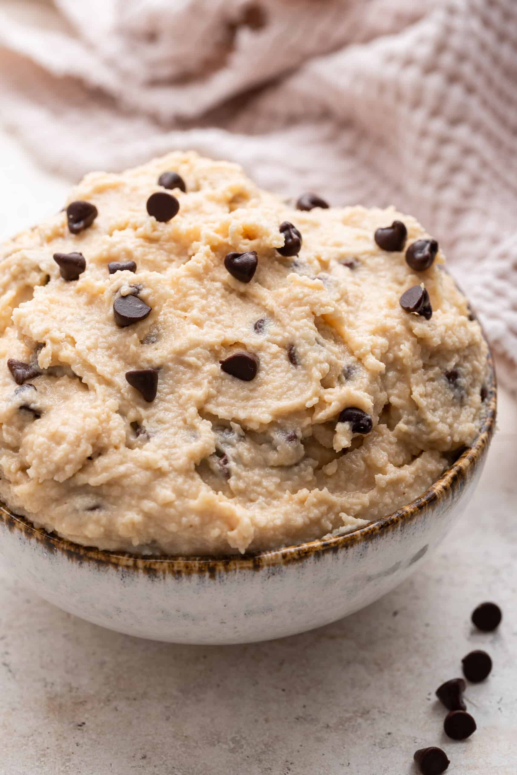 Bowl of cottage cheese cookie dough with chocolate chips