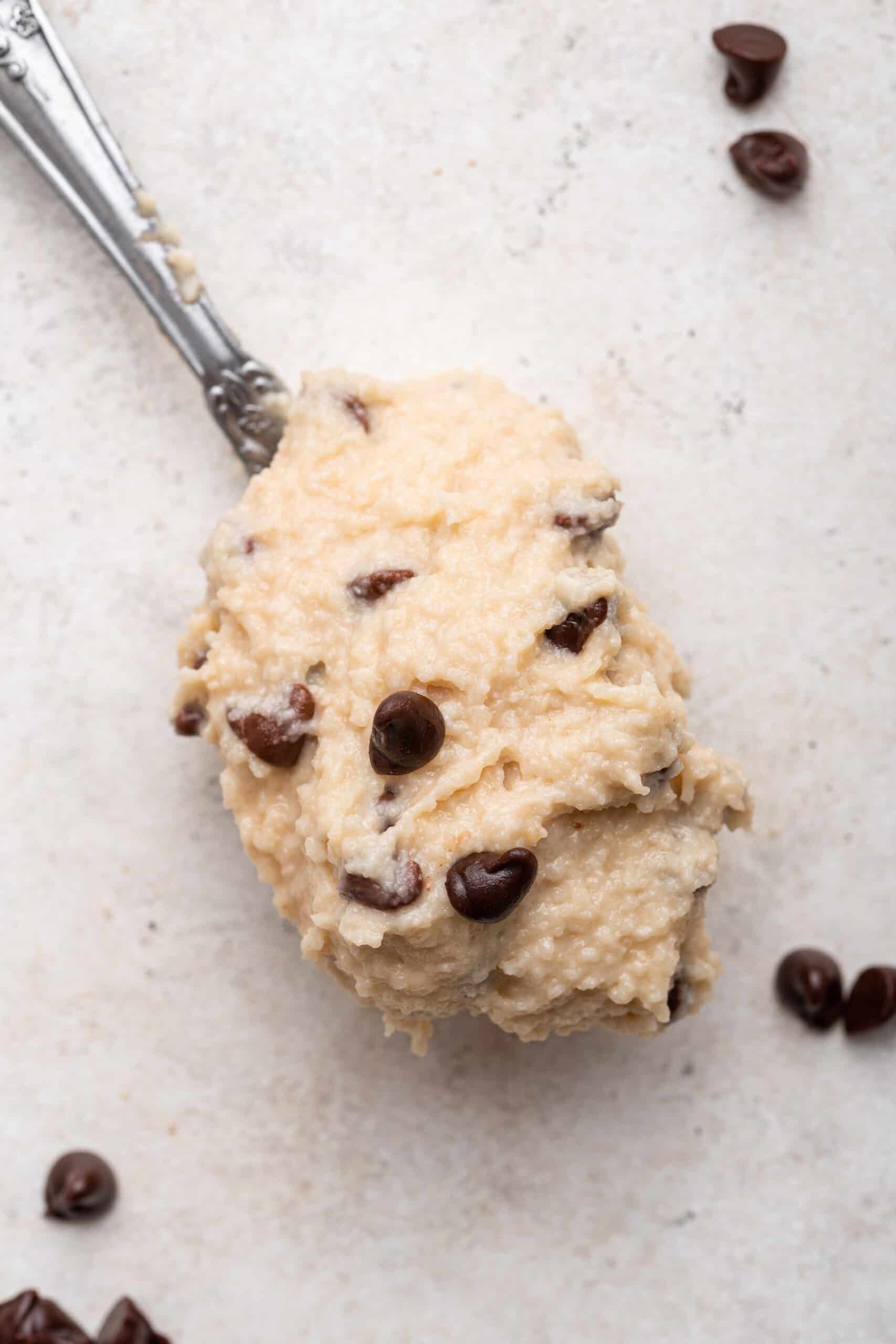 Spoonful of cottage cheese cookie dough with mini chocolate chips