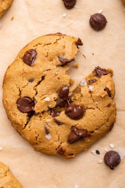 Overhead view of tahini chocolate chip cookie broken in half