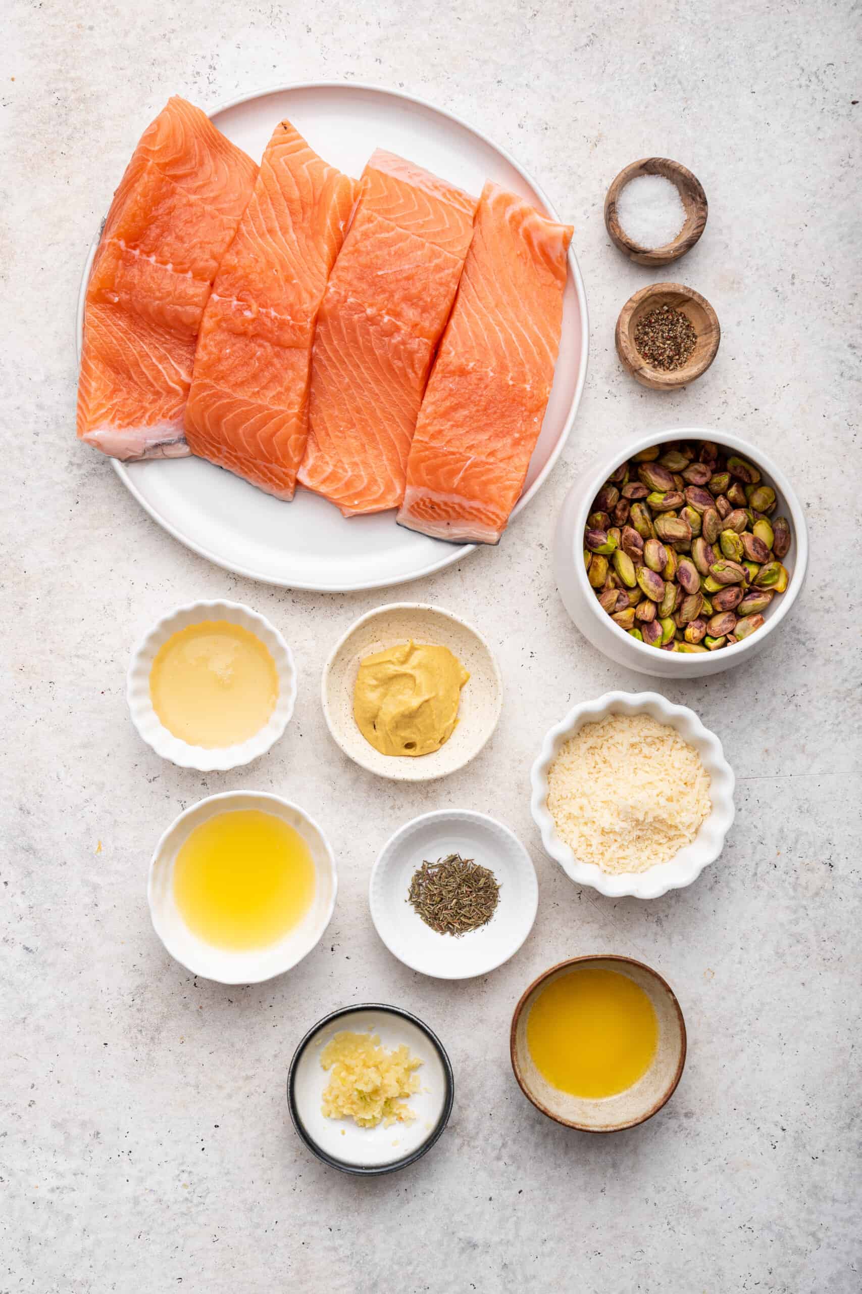 Overhead view of ingredients for pistachio crusted salmon