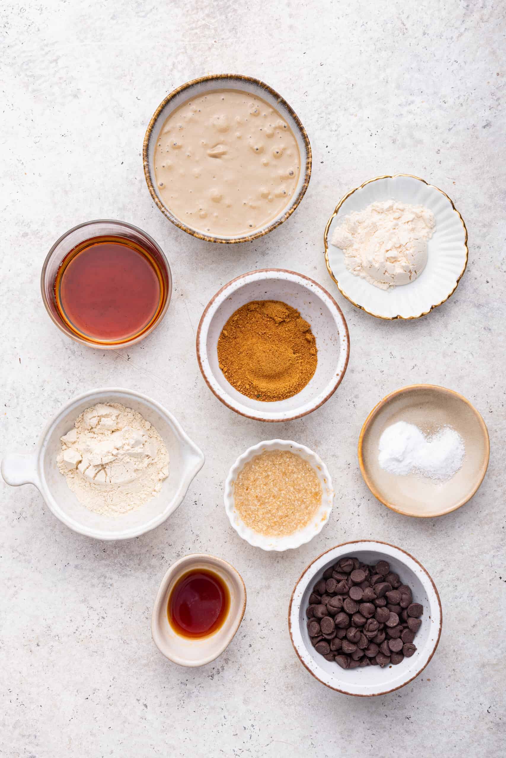 Overhead view of ingredients for tahini chocolate chip cookies