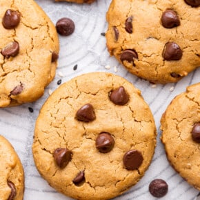 Overhead view of vegan tahini chocolate chip cookies