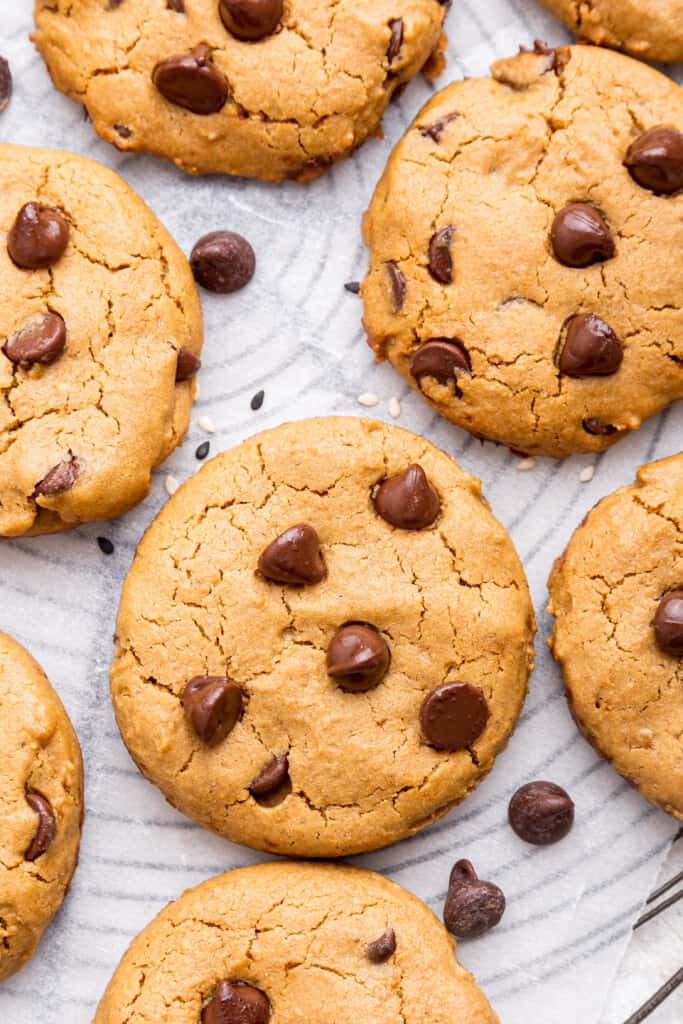 Overhead view of vegan tahini chocolate chip cookies