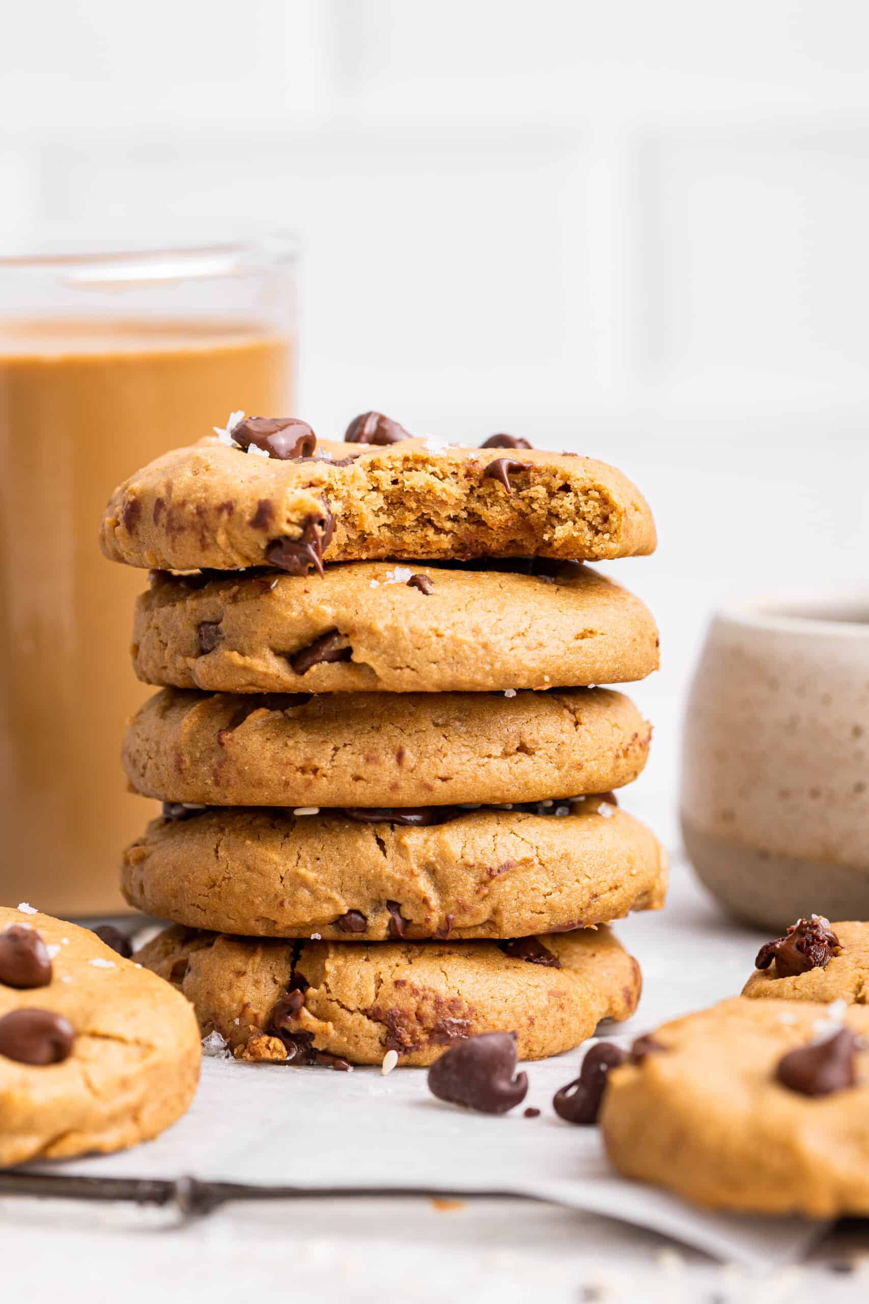 Stack of vegan tahini chocolate chip cookies