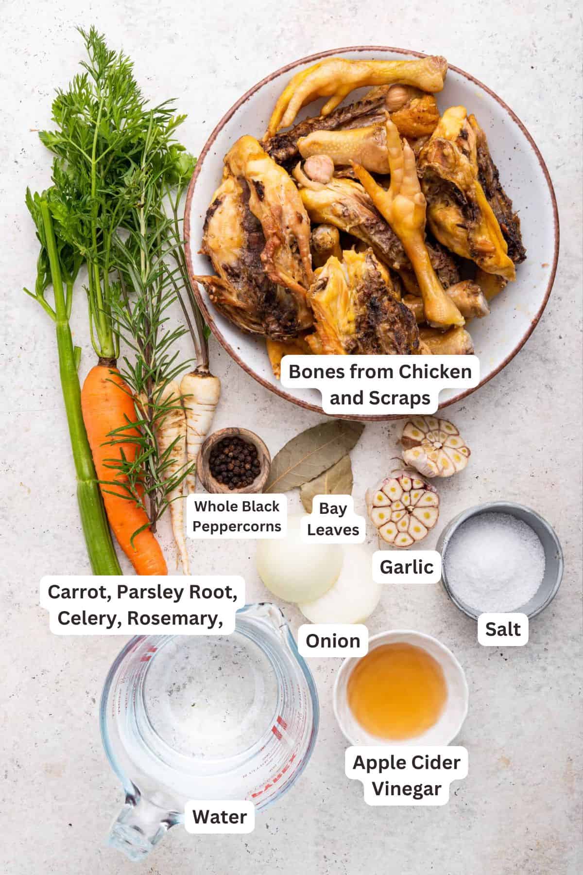 This easy Instant Pot chicken bone broth is liquid gold! Turn chicken scraps into a healthy broth to sip on or use in soups, stews, and more. Ingredients for Instant Pot Chicken Bone Broth.