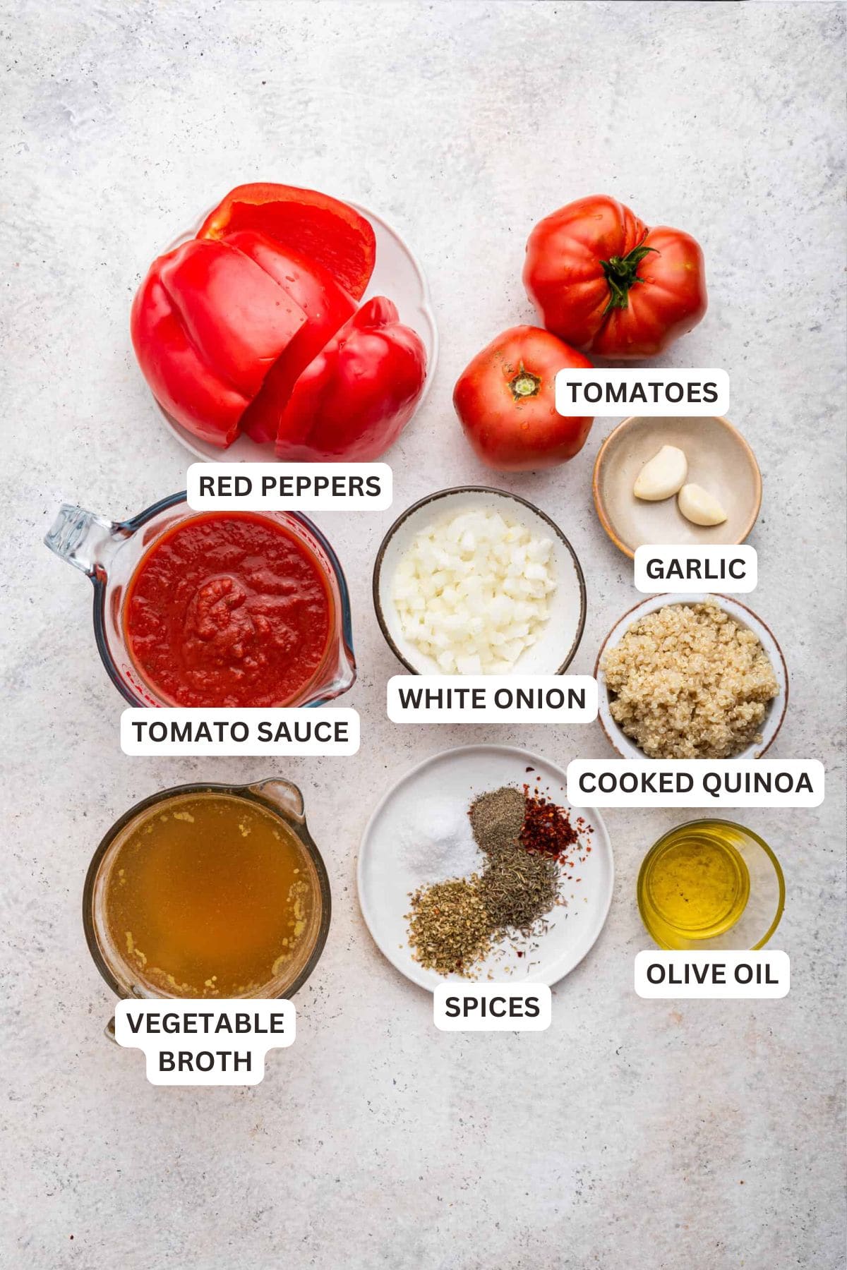 This easy and healthy roasted red pepper soup recipe has fresh tomatoes, quinoa, and lots of spices, and only takes an hour to make! Ingredients for Roasted Red Pepper Soup.