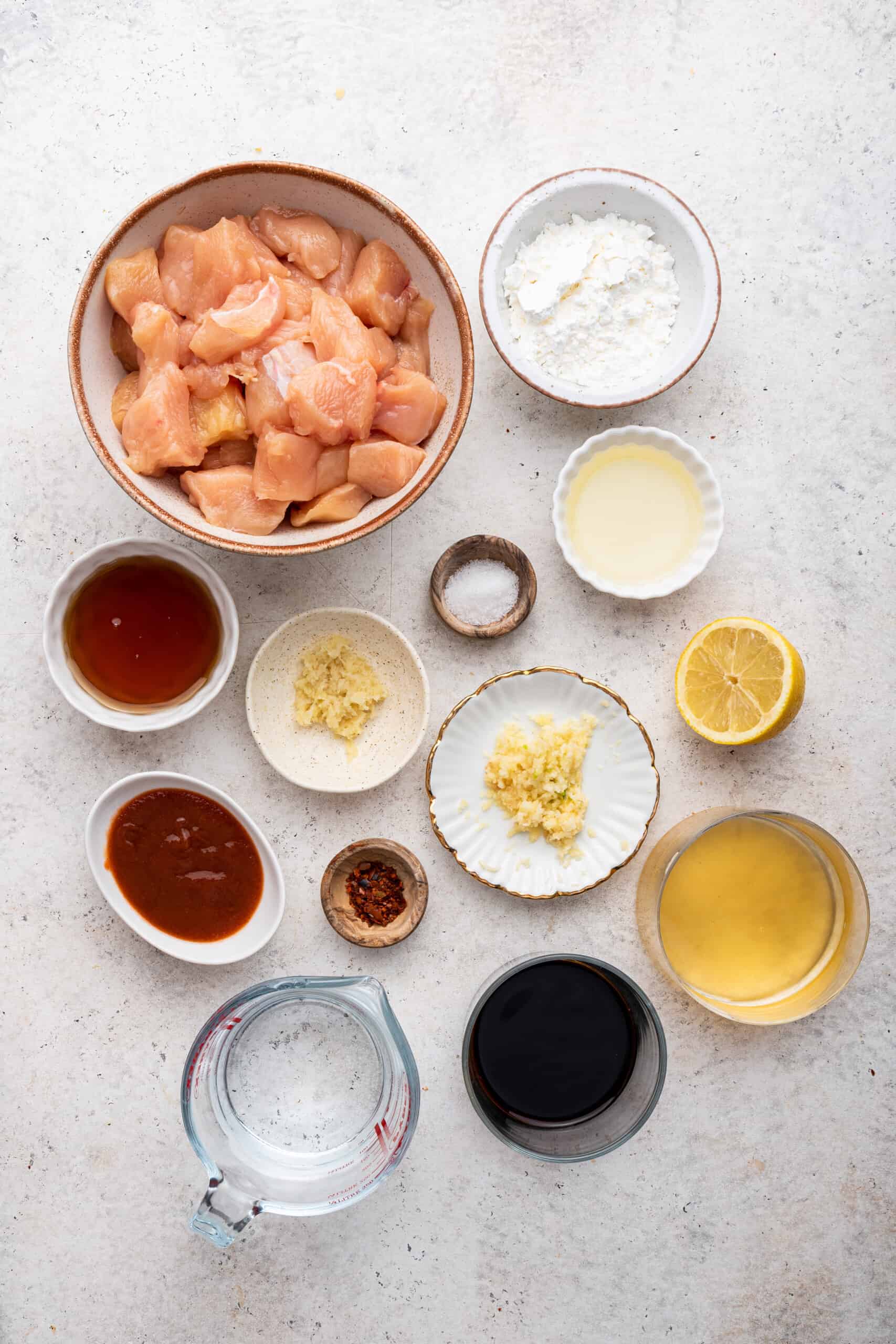Overhead view of ingredients for honey sriracha chicken