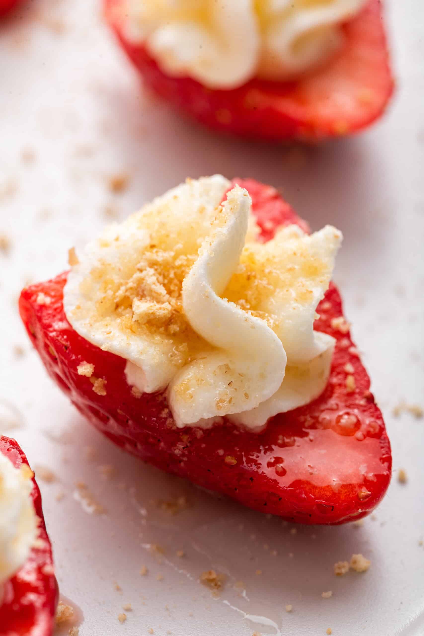 Closeup of a lightened-up deviled strawberry