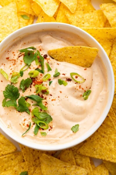 Overhead view of vegan queso in bowl surrounded by tortilla chips