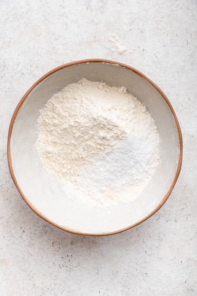 Overhead view of dry ingredients for cake before whisking