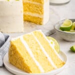 Slice of key lime cake on plate