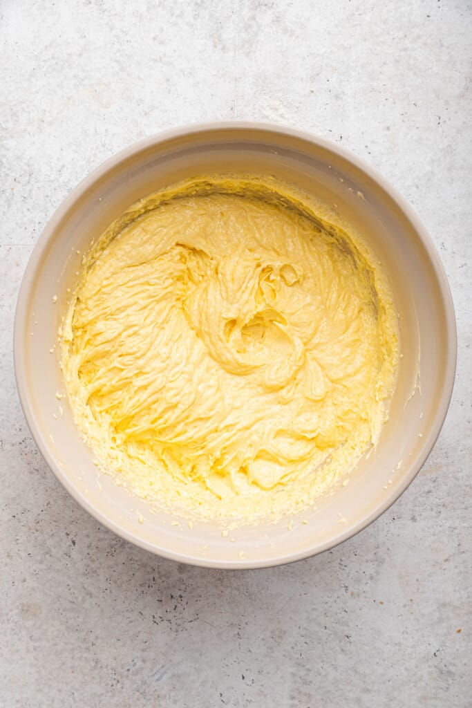 Overhead view of cake batter in bowl