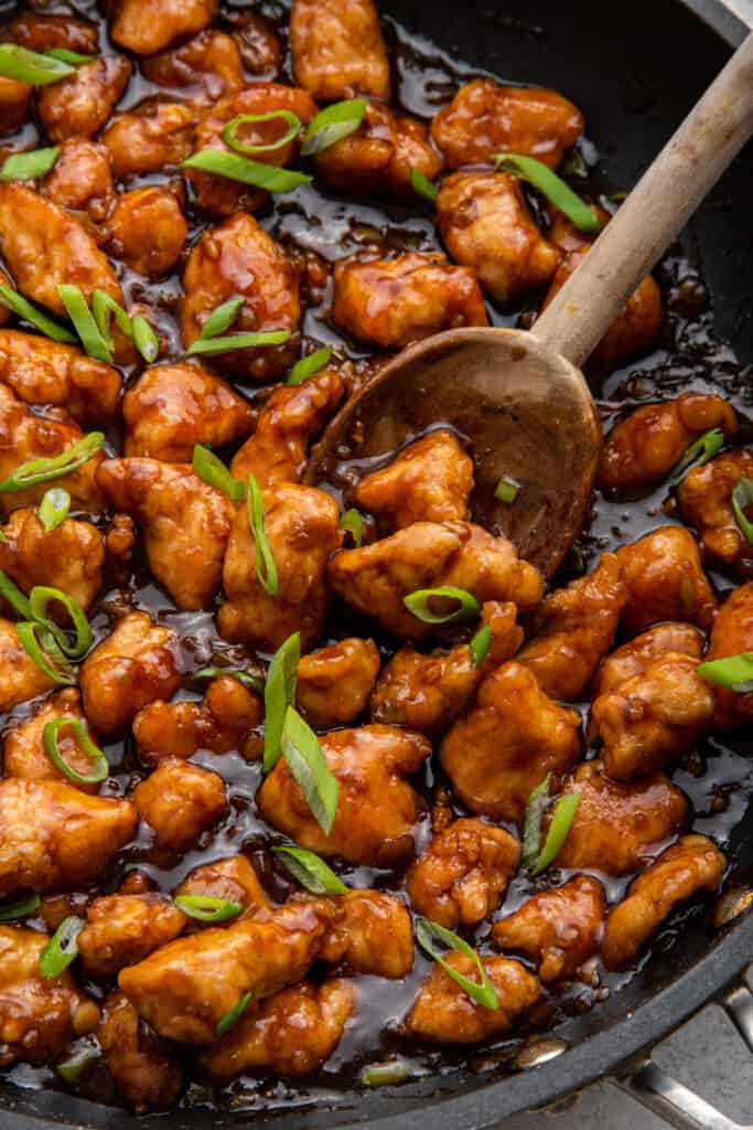 Skillet of sticky Mongolian chicken