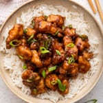 Overhead view of Mongolian chicken on plate with rice