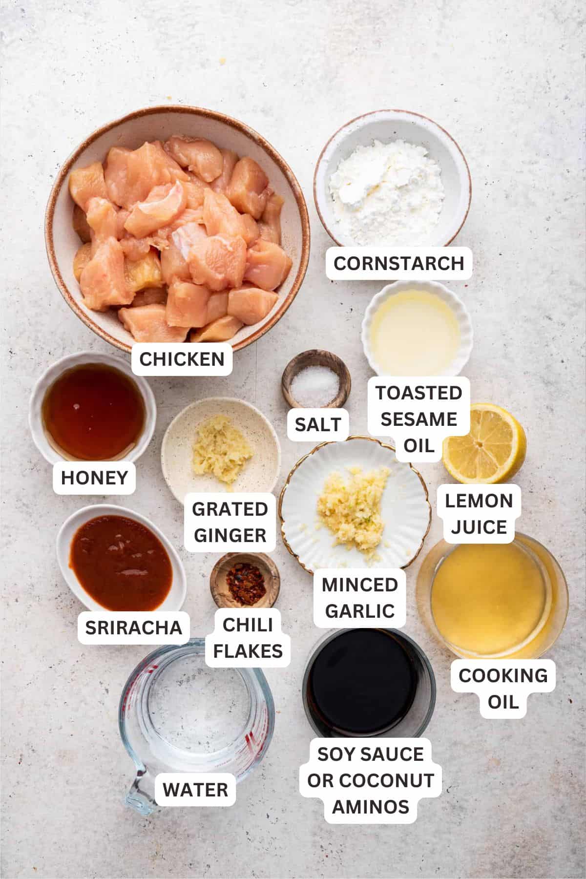 Honey sriracha chicken is pan-fried with a crispy coating, then cooked with a sticky, spicy, and sweet sauce. Tender, juicy, and SO easy! Ingredients for Honey Sriracha Chicken.