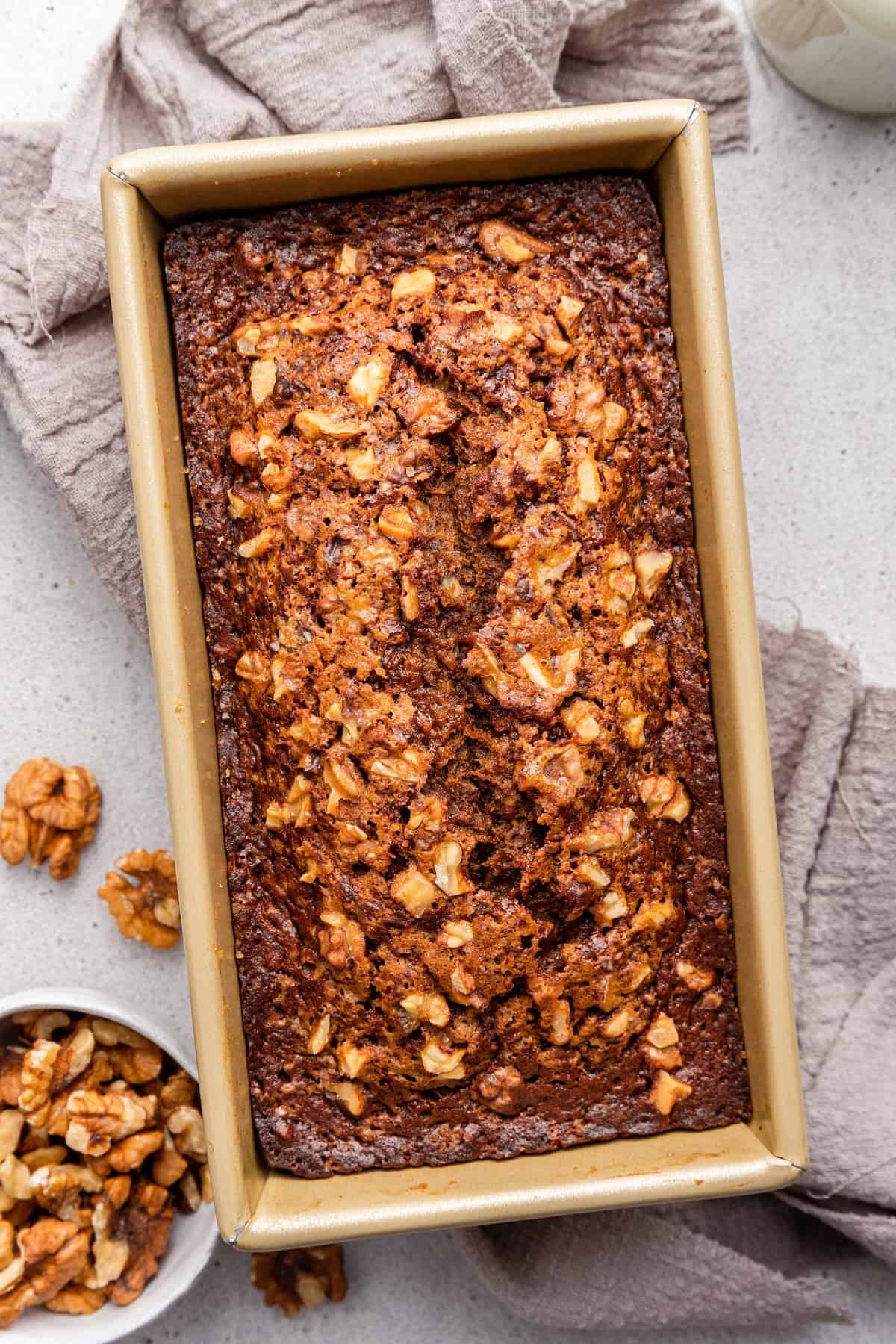 Overhead view of carrot bread recipe in bread pan