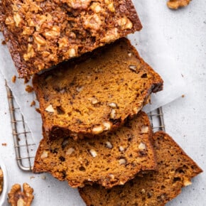 Overhead view of sliced gluten-free carrot bread with nuts
