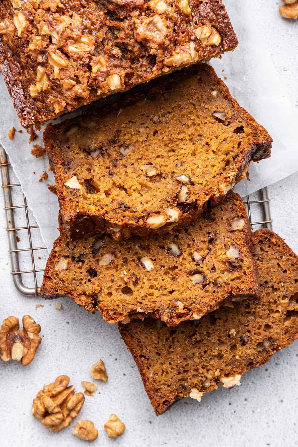 Overhead view of carrot bread slices