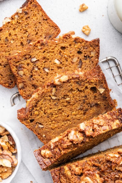 Overhead view of sliced carrot bread loaf