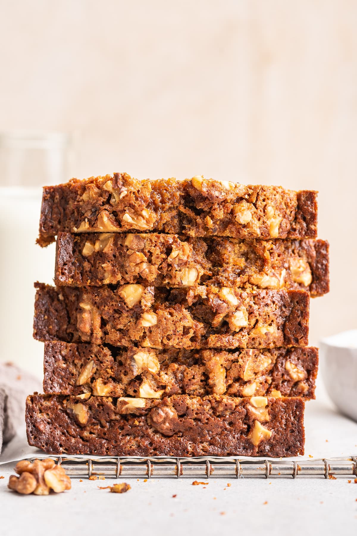 Stack of carrot bread slices on wire rack