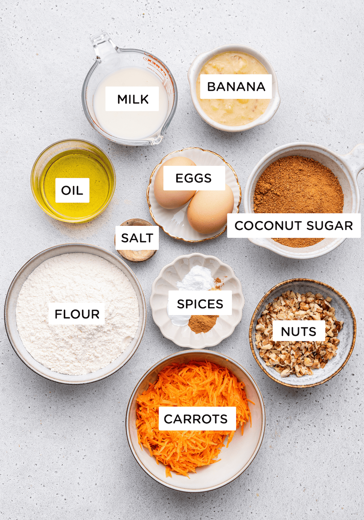 Overhead view of ingredients for carrot bread with labels