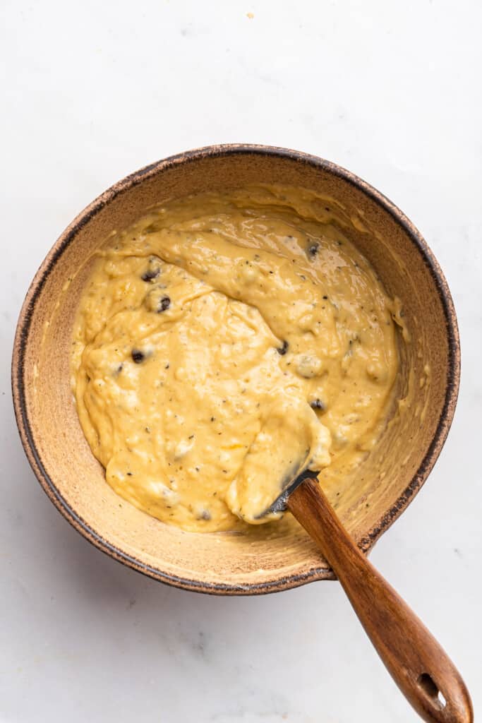 Overhead view of batter for protein banana bread with chocolate chips