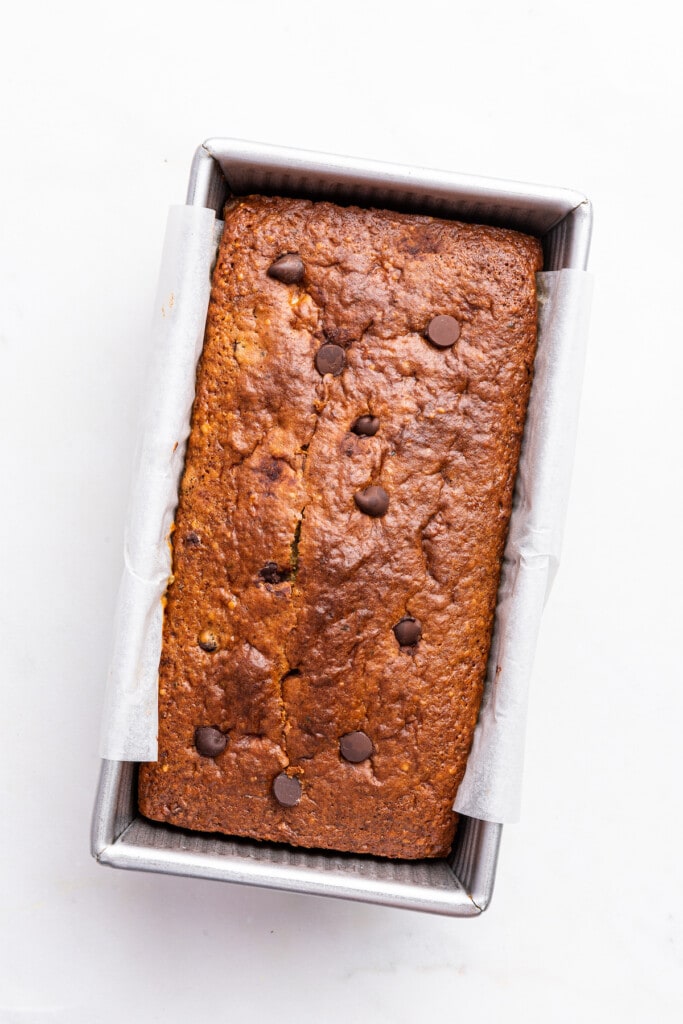 Overhead view of protein banana bread in pan