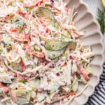 Overhead view of surimi salad on platter