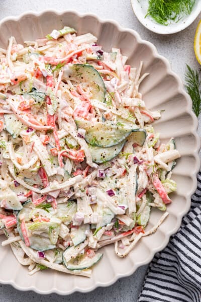 Overhead view of surimi salad on platter