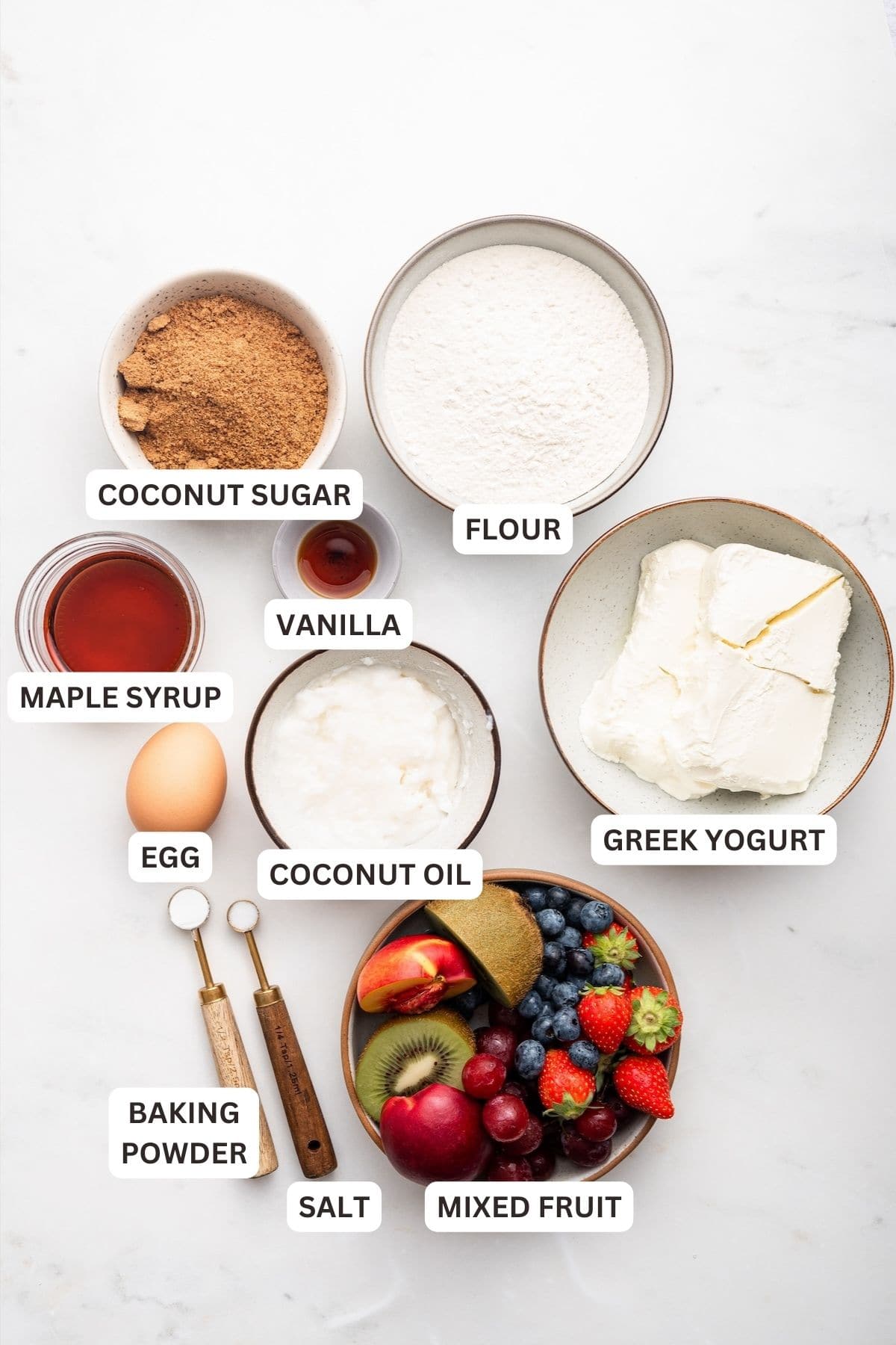 Overhead view of ingredients for fruit pizza with labels