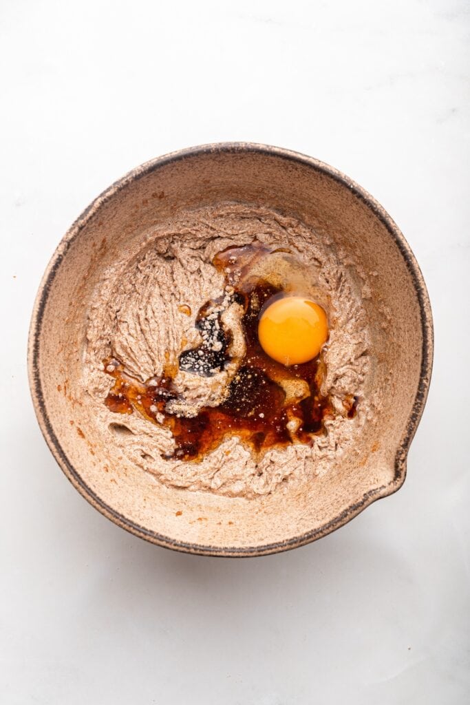 Wet ingredients in mixing bowl for fruit pizza crust