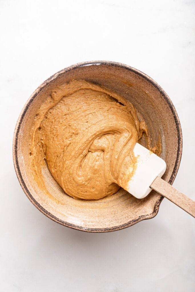 Overhead view of batter for fruit pizza crust