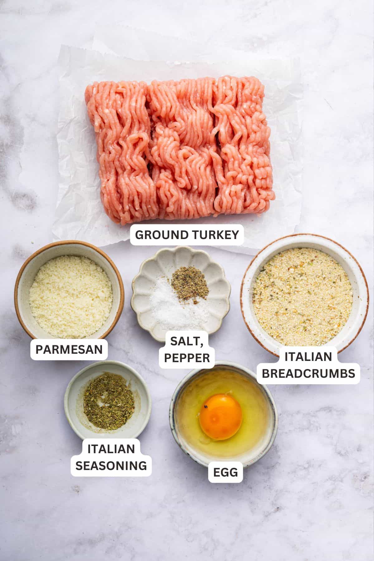 Overhead view of ingredients for air fryer turkey meatballs with labels