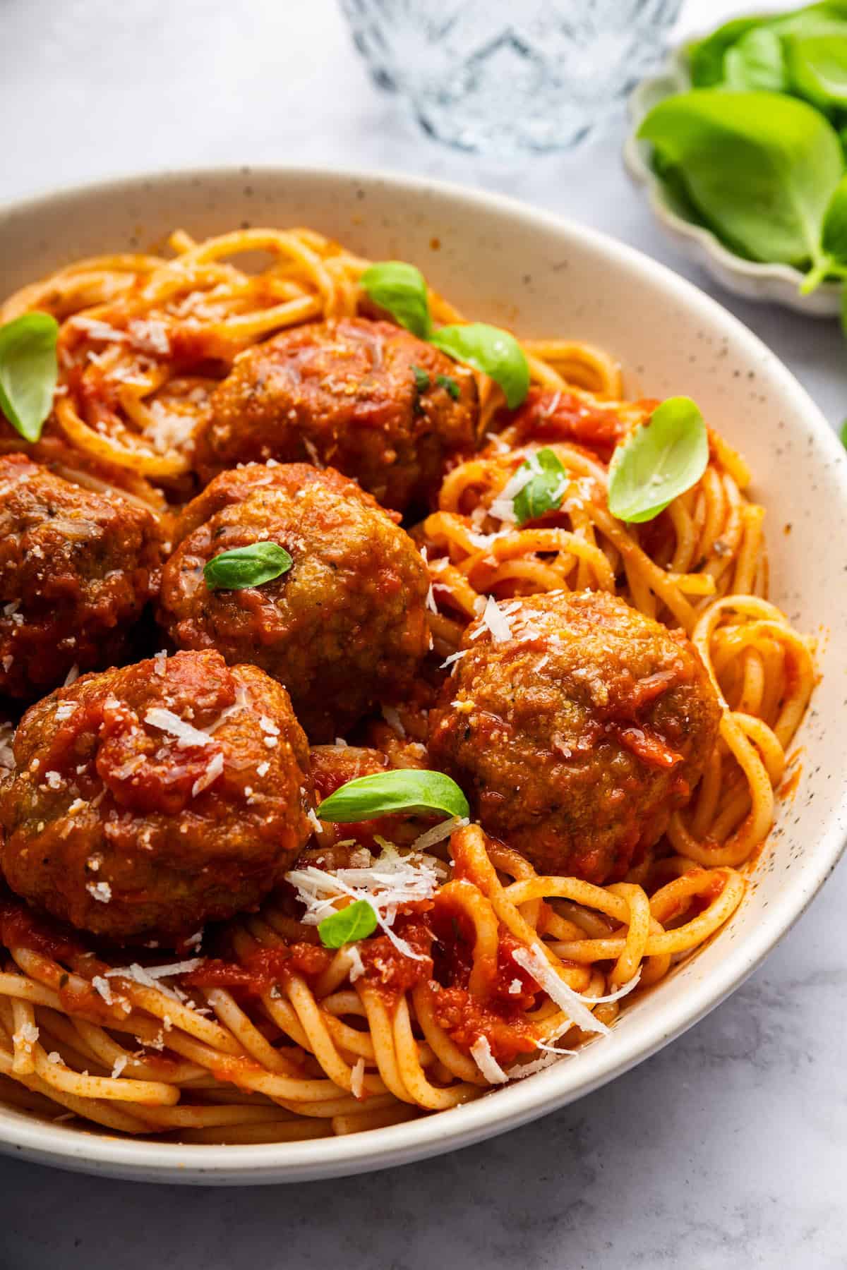 Air fryer turkey meatballs in bowl of spaghetti