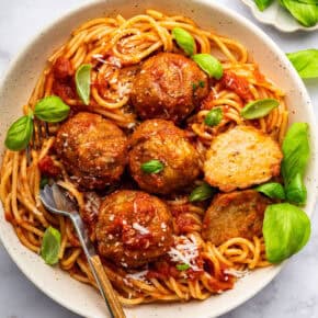 Overhead view of spaghetti with air fryer turkey meatballs