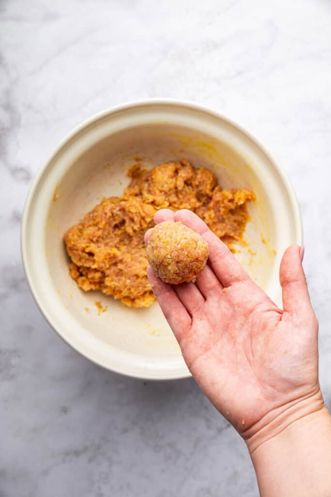 Hand holding uncooked turkey meatball