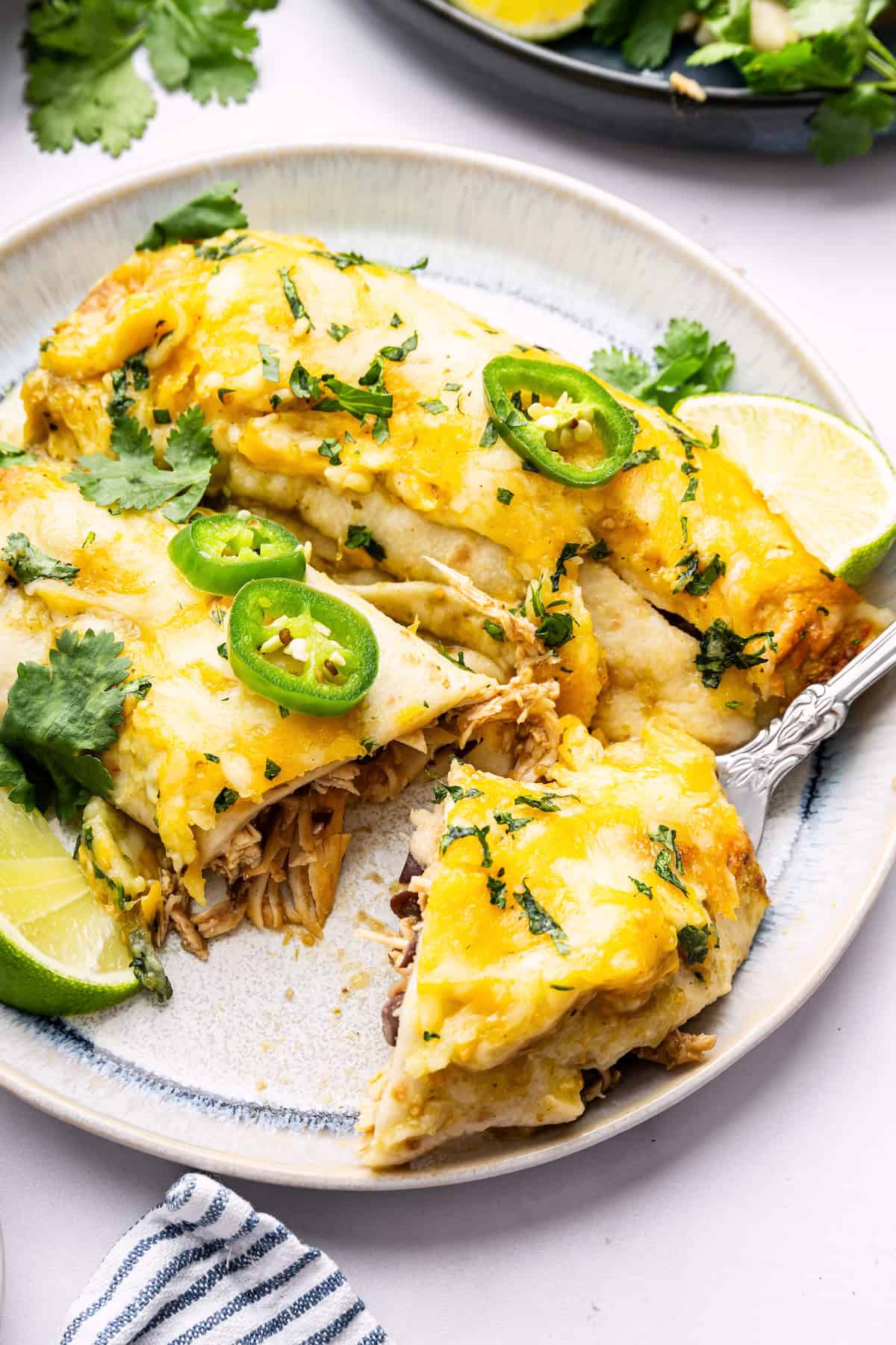 Plate with two green chicken enchiladas
