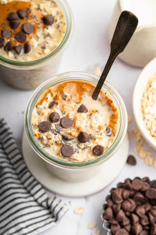 Top-down view of creamy peanut butter overnight oats