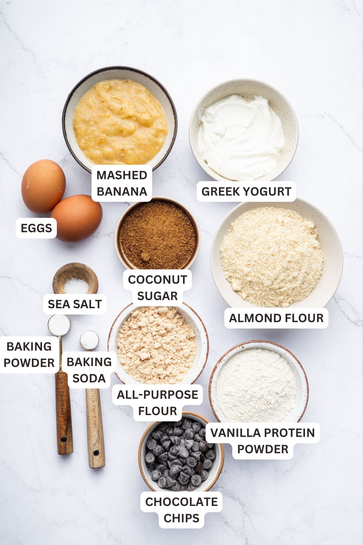 Overhead view of banana protein muffin ingredients with labels