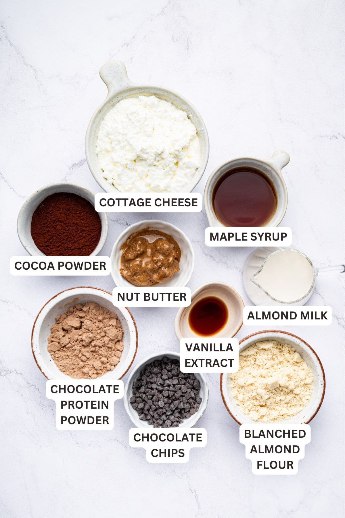 Overhead view of ingredients for edible brownie batter with labels