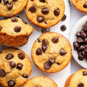 Overhead view of banana protein muffins with chocolate chips
