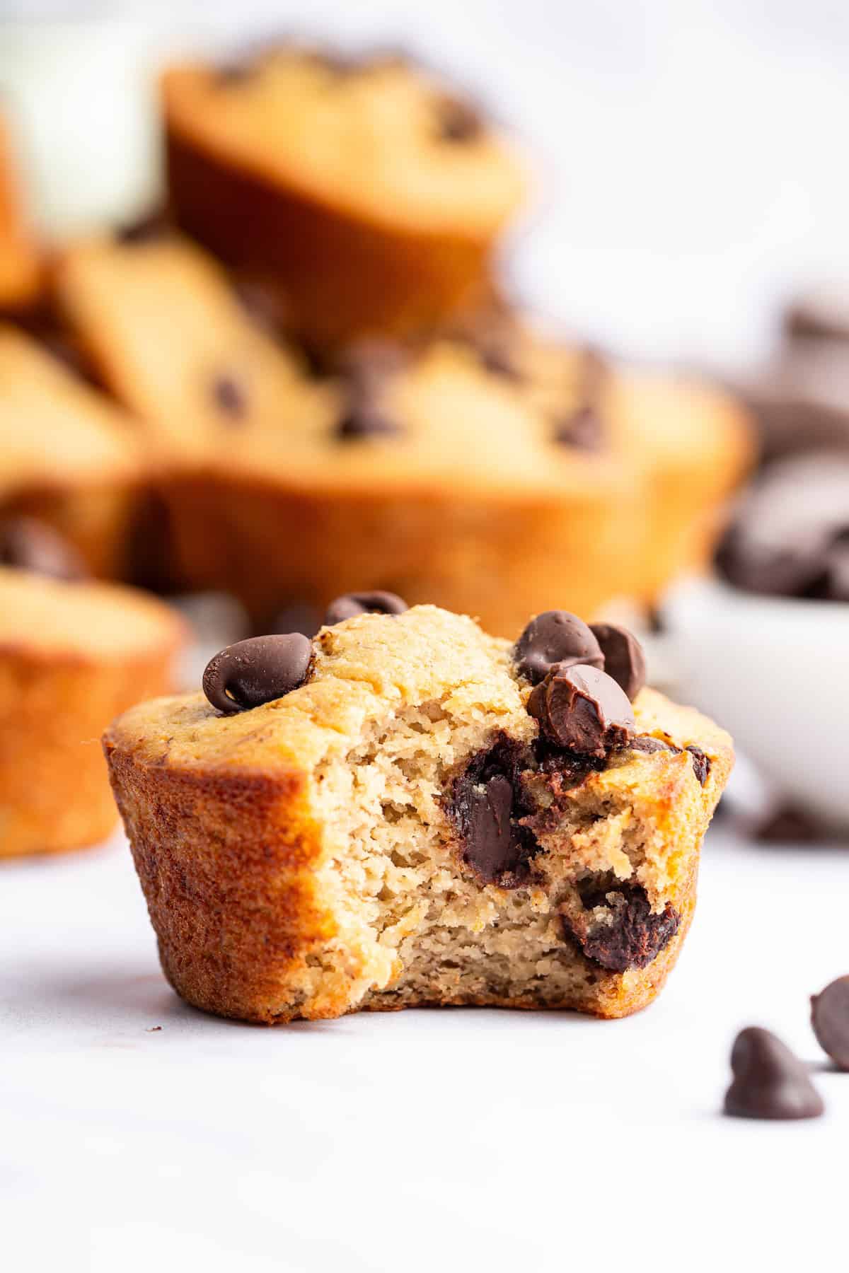 Chocolate chip banana protein muffin with bite taken out